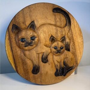 1970s Hand Carved Wooden Cat Plaque 9.5”– Vintage Rustic MCM cottagecore